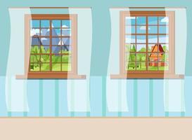 Set of cartoon wooden window view with white curtains in flat style. vector