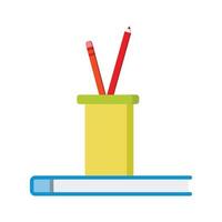 icono de oficina o escuela dos lápices de colores en un vaso de plástico en el bloc de notas azul. vector