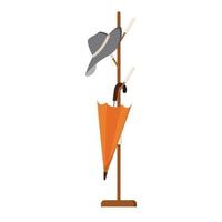 Wooden floor coat rack - hanger for cothes with hat and umbrella. vector