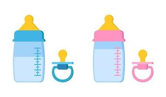 Icons set of pacifier baby dummy for newborn child and baby bottles. vector