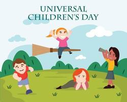 illustration vector graphic of children playing in the field, showing a girl flying with a broom, perfect for international day, universal childrens day, celebrate, greeting card, etc.