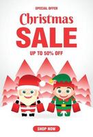 Christmas Sale poster with funny kids in Christmas costumes Santa and Elf. Christmas sale banner design with 50 Discount vector