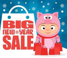 Big New Year sale background with child in costume pig vector