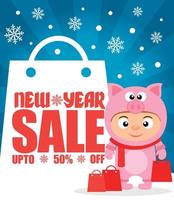 New Year sale background up to 50 off with child in costume pig vector