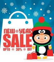 New Year sale background up to 30 off with child in costume penguin vector