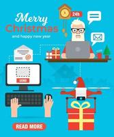 Merry Christmas and Happy New Year concept design flat. Drones with Santa's hat delivering Christmas gifts. Santa mail, online greeting vector