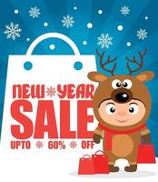 New Year sale background up to 60 off with child in costume deer vector