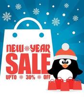 New Year sale background with penguin up to 30 off vector