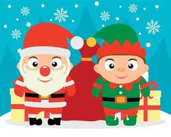 New Year vector illustration with kids in costume Santa and elf