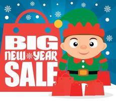 Big New Year sale background with child in costume elf vector