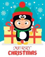 fondo de feliz navidad con niño disfrazado de pingüino vector