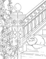 Porch cat flowers black and white drawing. For illustrations and coloring books vector