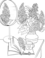 Table, mirror, vase of flowers, book on the table. For coloring books and picture books. vector