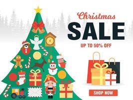 Christmas sale up to 50 off. Christmas sale concept design flat with Christmas tree and shopping bags vector