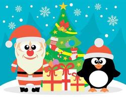 tarjeta de feliz año nuevo con divertido pingüino y santa claus vector