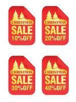 Christmas red stickers set with gold sale text. Sale 10, 20, 30, 40 off vector