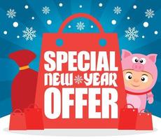 Special New Year offer with child in costume pig vector