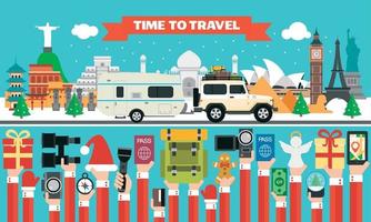 New Year time to travel design flat with SUV, trailer camping, around the world vector