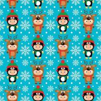 New Year seamless with kids in costume deer and penguin vector