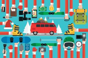 New Year travel flat with red travel bus vector