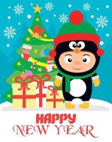 Happy New Year background with child in costume penguin vector