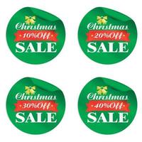 Christmas sale green stickers set 10, 20, 30, 40 off with gold bell and red ribbon vector