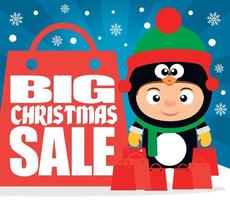 Big Christmas sale background with child in costume penguin vector