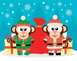 Happy New Year card with monkey santa claus and monkey elf vector