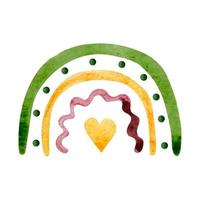 Hand drawn watercolor rainbow with yellow heart in the middle. Boho style vector watercolor rainbow. Perfect for boho style design and kids posters.