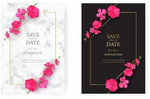 Vector illustration of wedding Invitation card templates with realistic of beautiful pink flower on white marble background. Vector illustration.