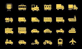 conjunto de glifos de iconos de transporte y vehículos. adecuado para elementos de diseño de vehículos de transporte público, carga y entrega. Varios de la línea de transporte. vector