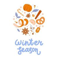 Winter seasonal cookies and spices. A set of festive elements for mulled wine. Products for the Christmas recipe vector