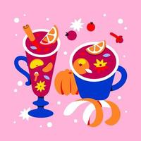 Christmas card with mulled wine. Warming winter drinks in a glass and mug. Drinks for the menu vector