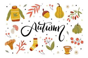 cozy autumn vector set with lettering. Sweater, kettle, leaf fall and boots. Pumpkin, hat and gloves will warm you up in autumn. Fall and rubber boots