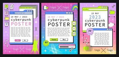 Set of posters with PC windows in the y2k style. Acid Retro interface of an old computer Copyspace template. vector