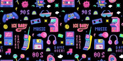 Seamless pattern of the 90s, 80s. Retro games, cassette, arkanoid, joystick, set-top box, headphones, pixels vector