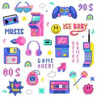 un gran conjunto de 90s, 80s. juegos retro, casete, arkanoid, palanca de mando, consola, disquete, auriculares, píxeles vector