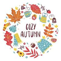 Autumn wreath of yellow leaves and lettering Cozy autumn. Leaf fall, tea, kettle, sweater, pumpkin, mug and scarf on a white background vector