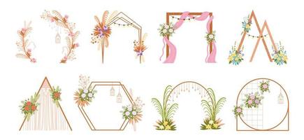 Wedding round arch. Gold frame with roses and a flashlight. Flowers and candles for the wedding ceremony vector