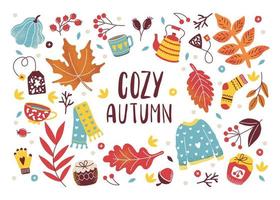 Autumn cozy sticker set with lettering. Pumpkin, sweater, harvest, yellow leaves, leaf fall, boots, acorn, mushroom on a white background vector