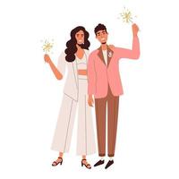 A couple in love with sparklers. The bride and groom celebrate the wedding. Summer party vector
