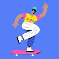 A dark-skinned fashionable guy rides a skateboard. Retro man in the style of the 90s and 80s. Bright stylish clothes vector