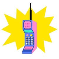 An old mobile phone from the 90s, 80s. Bright push-button phone in retro wave style. Nostalgia vector