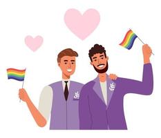 boda gay dos hombres enamorados y banderas lgbt del arco iris. hombres hermosos en un esmoquin vector