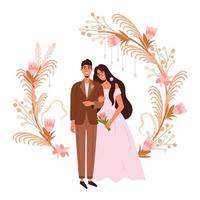 una mujer joven y un hombre se van a casar. una boda bohemia con estilo. arco de flores para la ceremonia vector