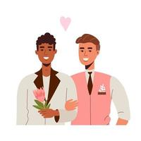Two gay lovers. LGBT wedding. The bride and groom. Beautiful guys with flowers. Pride. Love is love vector