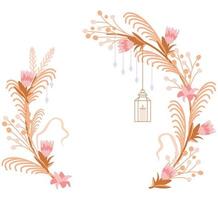 Wedding arch in eco-style. Boho floral decor. A beautiful wedding. Flowers, dry branches and a lantern vector