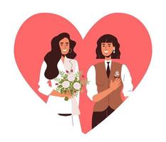 Two friends in love are happy. Lesbians get married. portrait of women with a heart vector