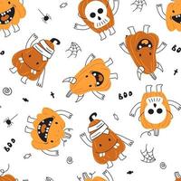 patrón de otoño sin costuras para halloween. divertidas calabazas asustan y sonríen. tela o papel con estampado de bebé vector