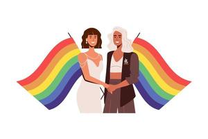 Lesbian girlfriends get married against the background of rainbow flags. Pride and equality of Rights vector